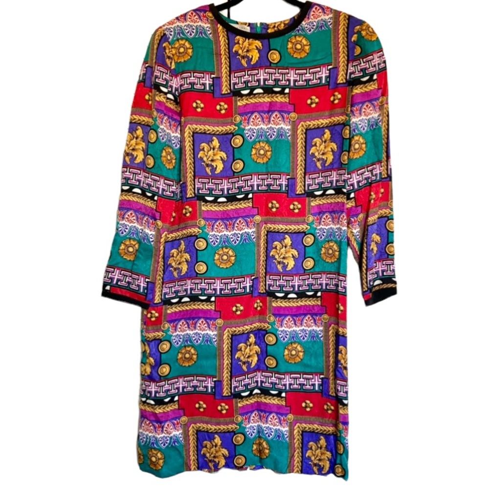 Vintage Silk Dress Adrianna Papell Scarf Bold Print Size 12 Multicolor Vibrant